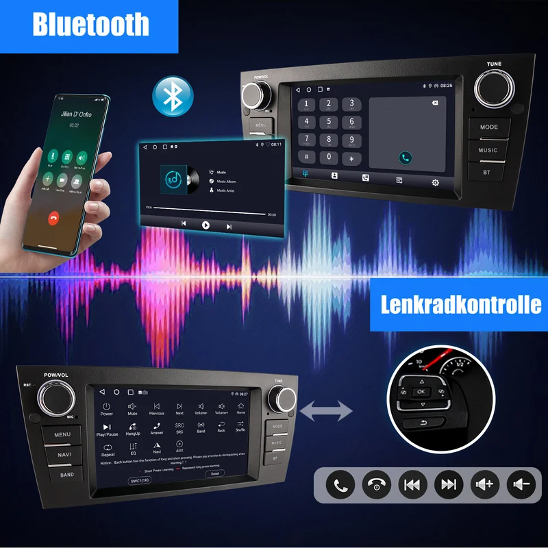 Autoradio 7 Zoll Android 14 CarPlay GPS Navi Touchscreen 2 +32GB 2DIN E90 E91