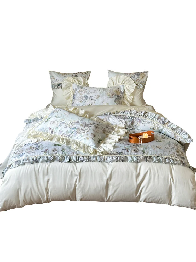 Luxuriöses Bettwäscheset mit floralem Muster, Volants und Satin-Finish