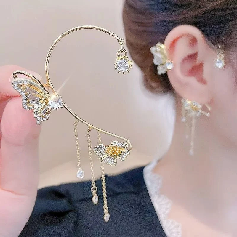 💕Schlichte Ohrclips mit Schmetterlings- und Blumenmotiv & Quasten – Elegant & bequem, ohne Ohrloch 🌸🦋