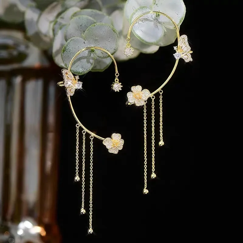 💕Schlichte Ohrclips mit Schmetterlings- und Blumenmotiv & Quasten – Elegant & bequem, ohne Ohrloch 🌸🦋