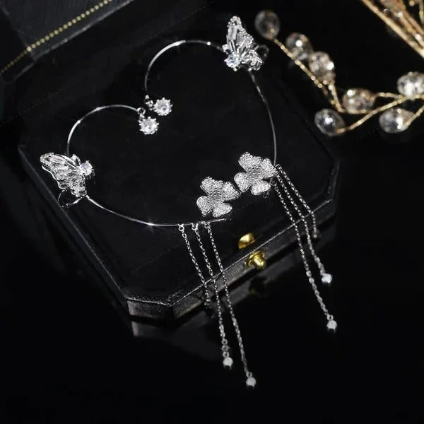 💕Schlichte Ohrclips mit Schmetterlings- und Blumenmotiv & Quasten – Elegant & bequem, ohne Ohrloch 🌸🦋