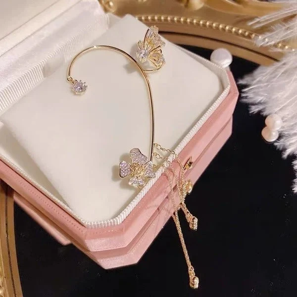 💕Schlichte Ohrclips mit Schmetterlings- und Blumenmotiv & Quasten – Elegant & bequem, ohne Ohrloch 🌸🦋