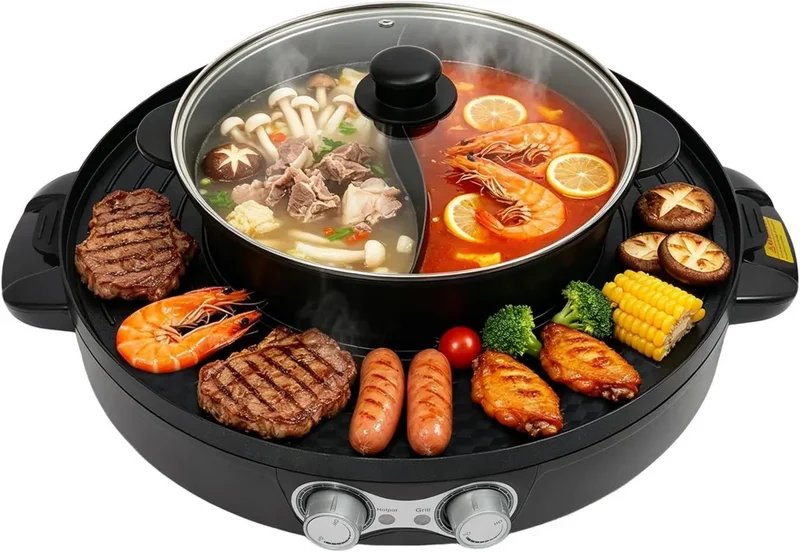 Elektrischer 2-in-1 Hotpot und Raclette-Grill, Edelstahl-Heizelement, Antihaftbeschichtung, Koreanischer BBQ-Stil, Schwarz