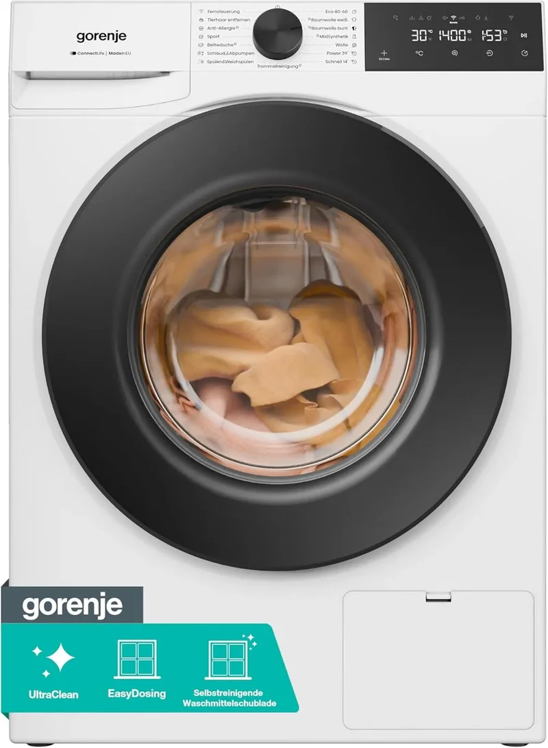 Gorenje WGAM484A Waschmaschine, 15 Programme, 8 kg, Energieklasse A, Inverter, Dampf, aquaStop, Weiß, 1400 U-Min, 30% besser als, SteamTech