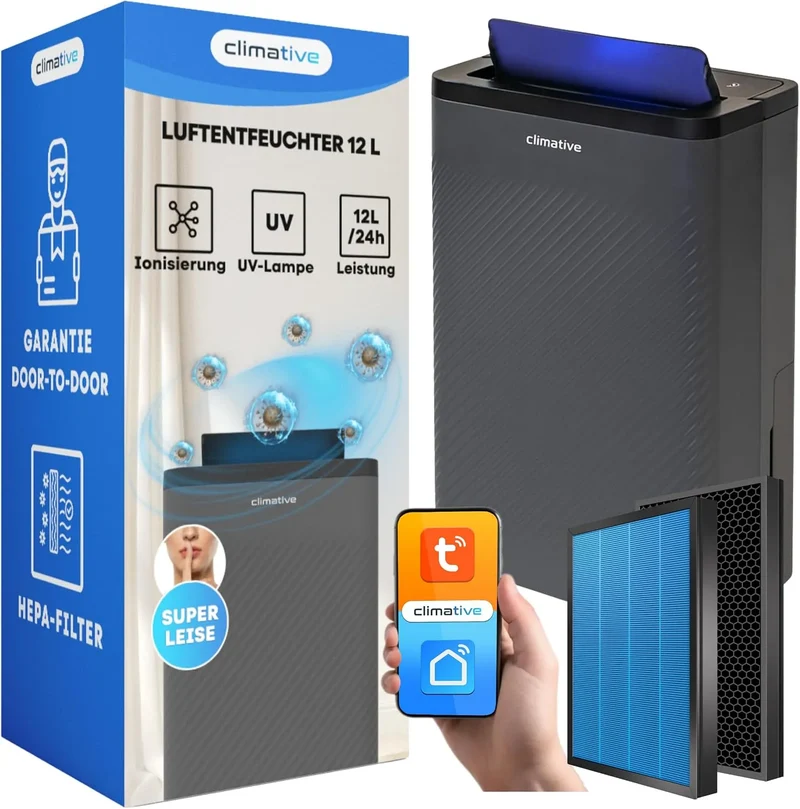 Luftentfeuchter, 12 L, 24h H10, WLAN, Wohnzimmergestaltung, Badezimmer & Wohnzimmer bis 20 m2, 24h mit HEPA H10 Filter & Aktivkohle, WiFi Smart Home