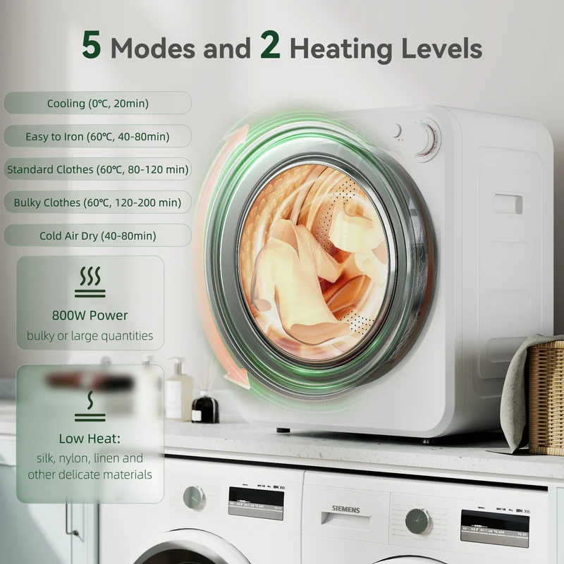 Portable Front Load Clothes Dryer with 4kg Wet / 2.5kg Dry Capacity, 400W or 800W Dual Power Modes, Compact for Apartments & RVs, White