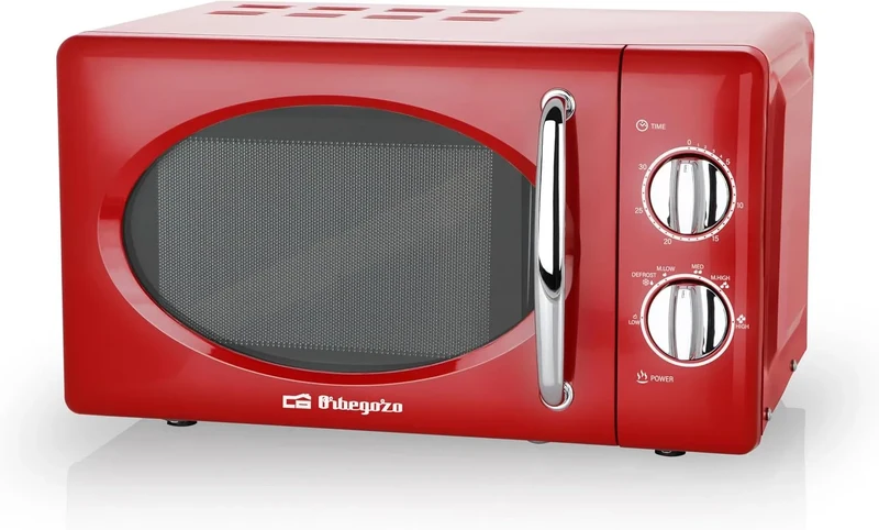Mikrowelle, 20 L, 700 W, Orbegozo MI2020, Timer, Rot, 6 Leistungsstufen, Vintage-Design, Stahl