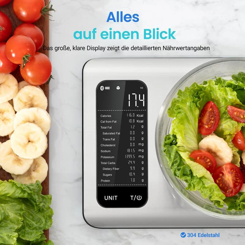 ⚖️📊 Küchenwaage digital – misst 19 Nährwerte & Kalorien per App, 5kg Edelstahl 🥗✅ für gesunde Ernährung & Gewichtsverlust