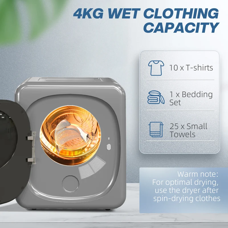 4kg Vented Tumble Dryer with Smart Mode & Stainless Steel Drum, Compact Freestanding Stackable Design, Silver