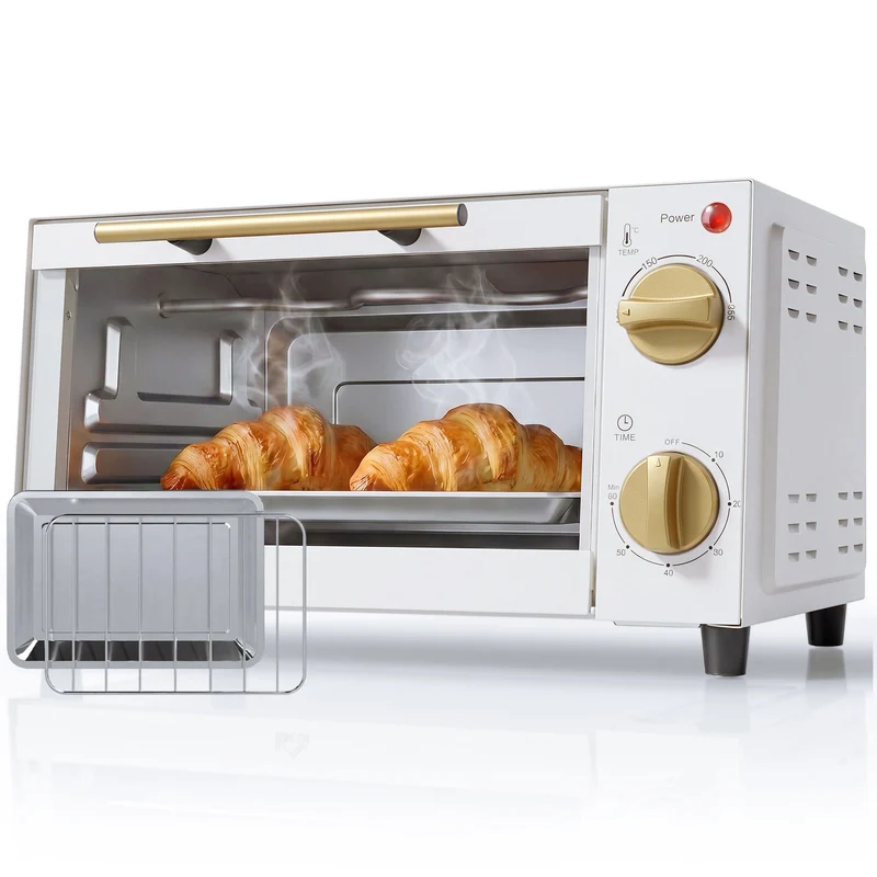 9L Countertop Toaster Oven with Adjustable Temperature & Timer, Dishwasher-Safe Tray, 750W, White