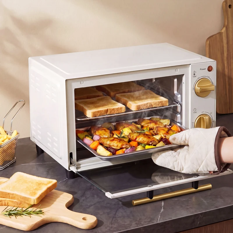 9L Countertop Toaster Oven with Adjustable Temperature & Timer, Dishwasher-Safe Tray, 750W, White