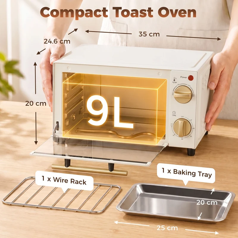 9L Countertop Toaster Oven with Adjustable Temperature & Timer, Dishwasher-Safe Tray, 750W, White