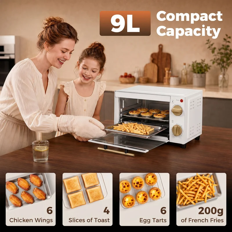 9L Countertop Toaster Oven with Adjustable Temperature & Timer, Dishwasher-Safe Tray, 750W, White