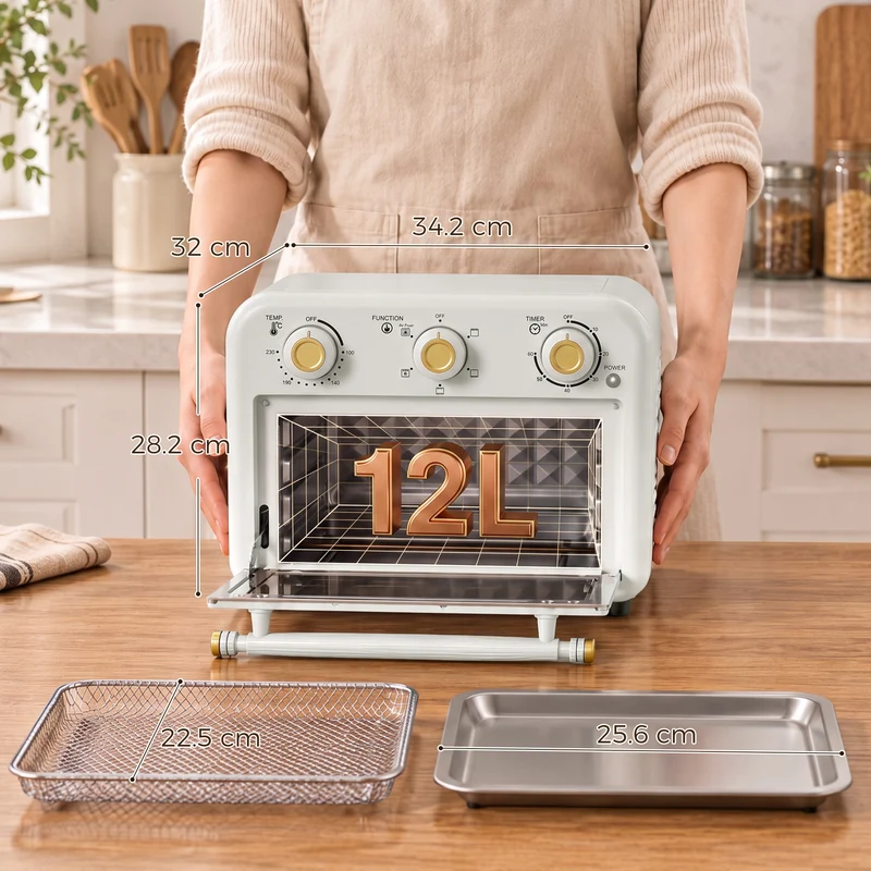 12 L Air Fryer Oven with Convection Cooking, Adjustable Temperature & Timer, Dishwasher-Safe Steel Design in Cream White