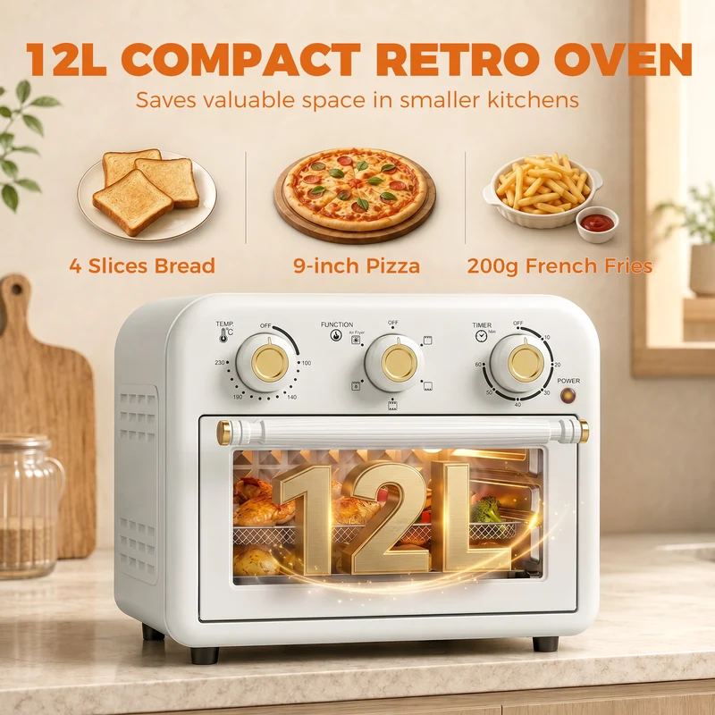 12 L Air Fryer Oven with Convection Cooking, Adjustable Temperature & Timer, Dishwasher-Safe Steel Design in Cream White
