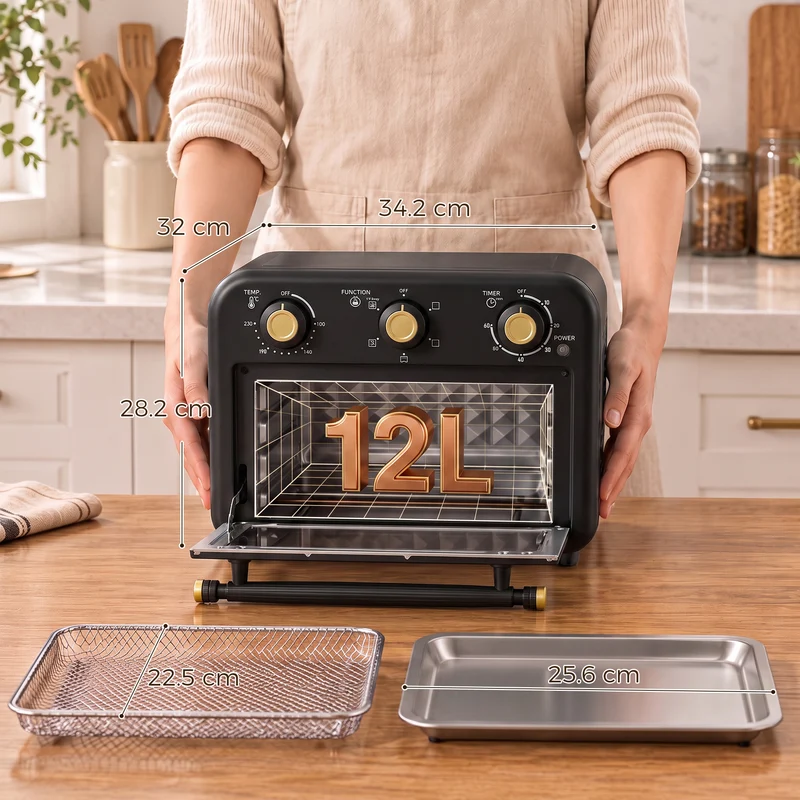 12 L Air Fryer Toaster Oven with Convection Baking, Adjustable Temp & Timer, Dishwasher-Safe Steel, Black