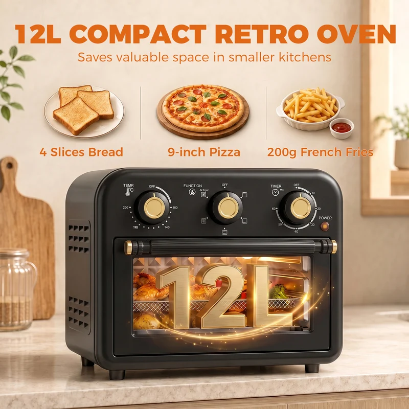 12 L Air Fryer Toaster Oven with Convection Baking, Adjustable Temp & Timer, Dishwasher-Safe Steel, Black