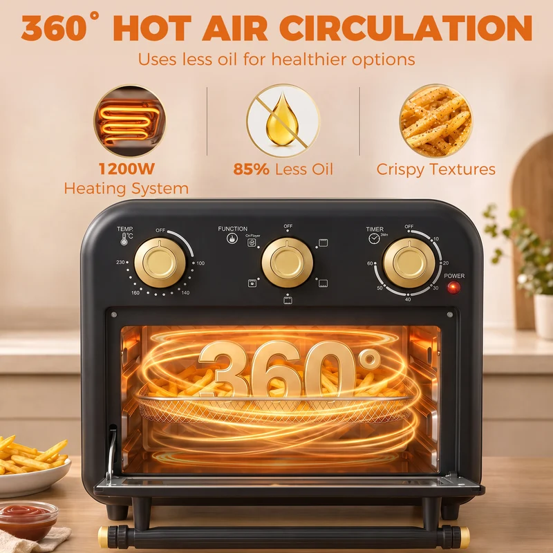 12 L Air Fryer Toaster Oven with Convection Baking, Adjustable Temp & Timer, Dishwasher-Safe Steel, Black