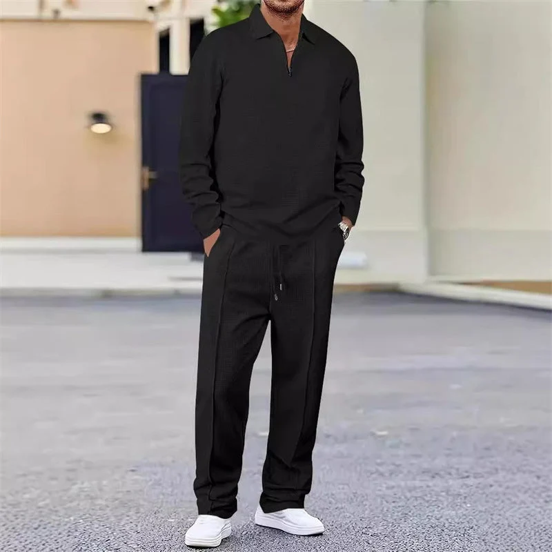 Herren Waffelstrick-Set: Sweatshirt & Hose mit geradem Bein