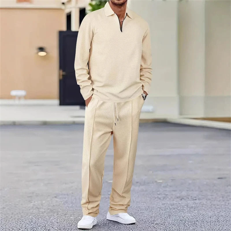 Herren Waffelstrick-Set: Sweatshirt & Hose mit geradem Bein