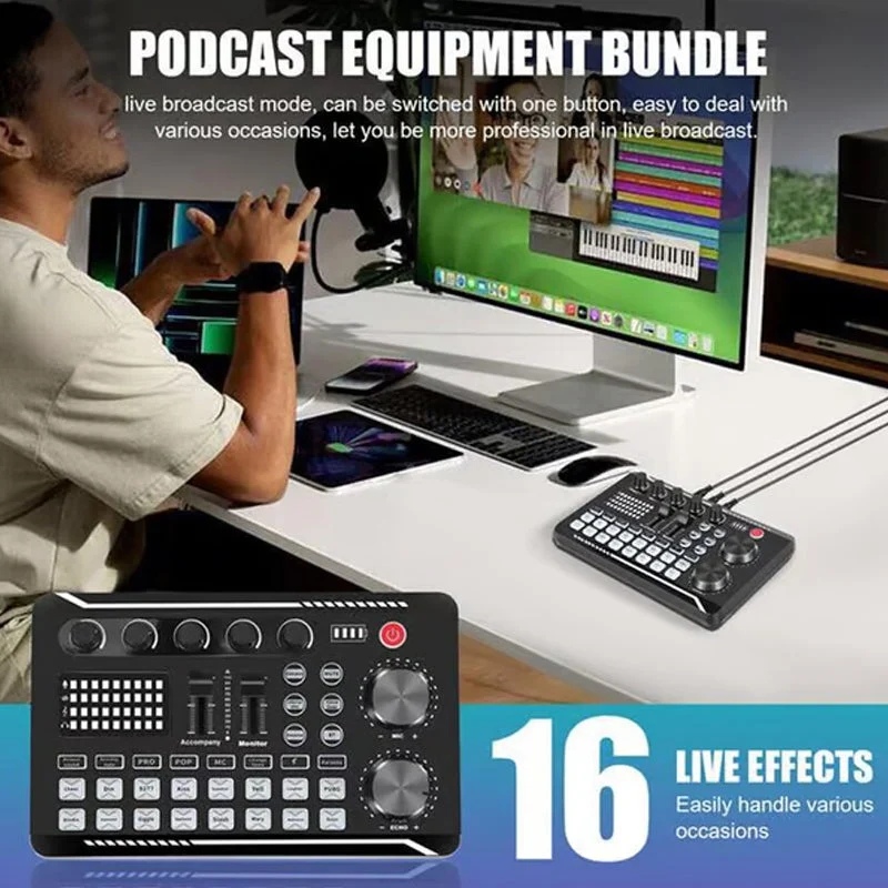 F998 Live-Soundkarte, Audio-Mixer, Podcast-Audioschnittstelle mit DJ-Mixer-Effekten, Stimmverzerrer mit Soundeffekten für Karaoke, Live-Streaming, Gaming-Aufnahmen