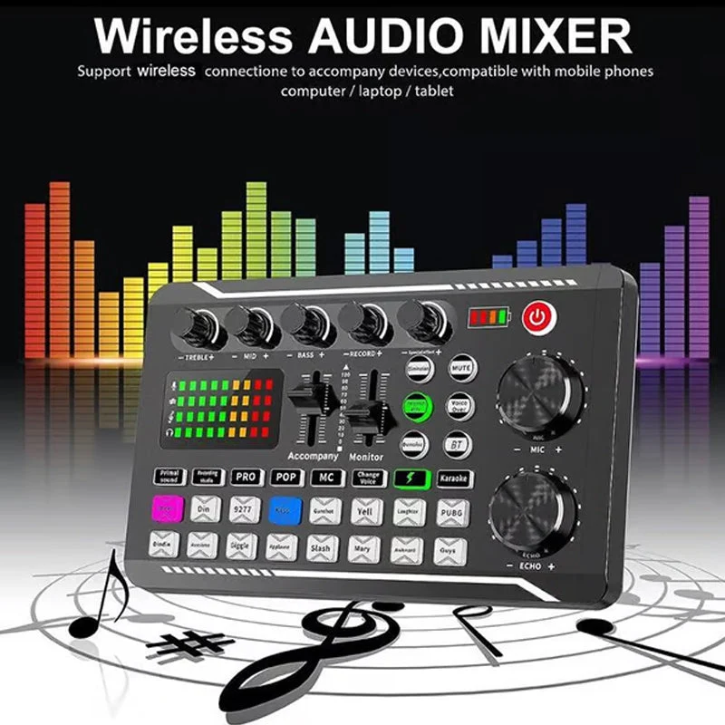 F998 Live-Soundkarte, Audio-Mixer, Podcast-Audioschnittstelle mit DJ-Mixer-Effekten, Stimmverzerrer mit Soundeffekten für Karaoke, Live-Streaming, Gaming-Aufnahmen