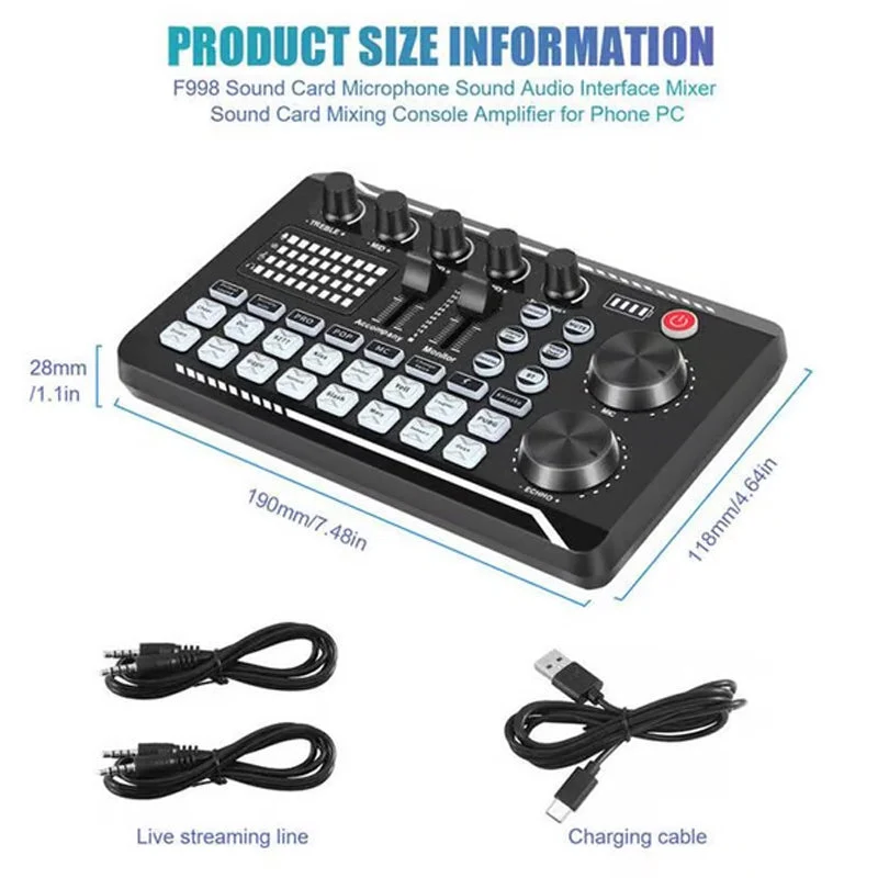 F998 Live-Soundkarte, Audio-Mixer, Podcast-Audioschnittstelle mit DJ-Mixer-Effekten, Stimmverzerrer mit Soundeffekten für Karaoke, Live-Streaming, Gaming-Aufnahmen