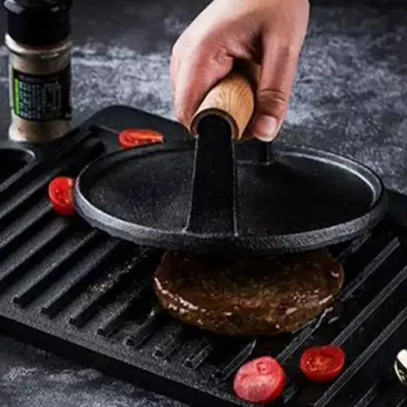 Gusseisen Steak- & Burgerpresse mit Holzgriff – Gleichmäßiges Garen & BBQ-Perfektion! 🍳🔥