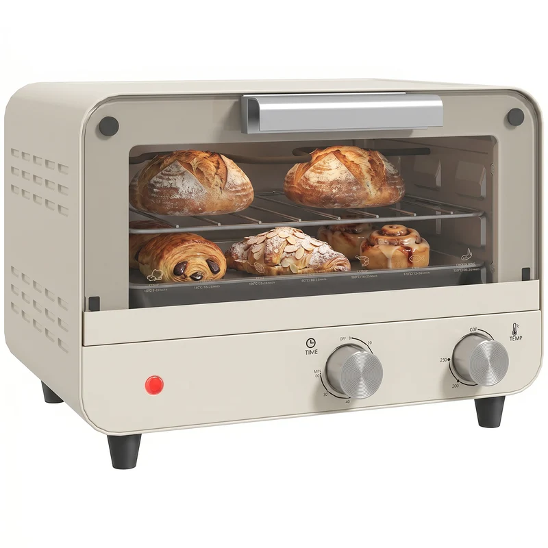 12L Mini Countertop Toaster Oven with Glass Door, Adjustable Temperature & Timer, 750W, Cream White