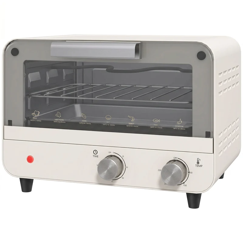 12L Mini Countertop Toaster Oven with Glass Door, Adjustable Temperature & Timer, 750W, Cream White