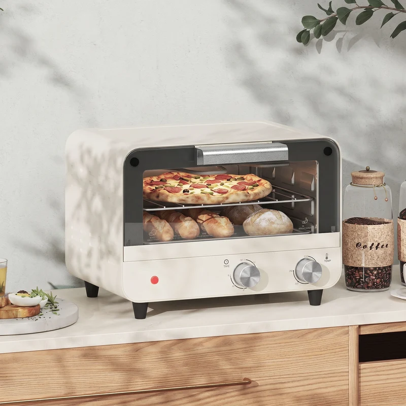 12L Mini Countertop Toaster Oven with Glass Door, Adjustable Temperature & Timer, 750W, Cream White