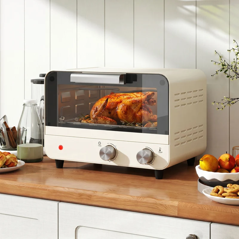 12L Mini Countertop Toaster Oven with Glass Door, Adjustable Temperature & Timer, 750W, Cream White