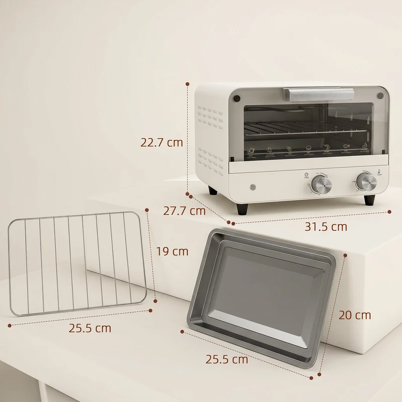 12L Mini Countertop Toaster Oven with Glass Door, Adjustable Temperature & Timer, 750W, Cream White