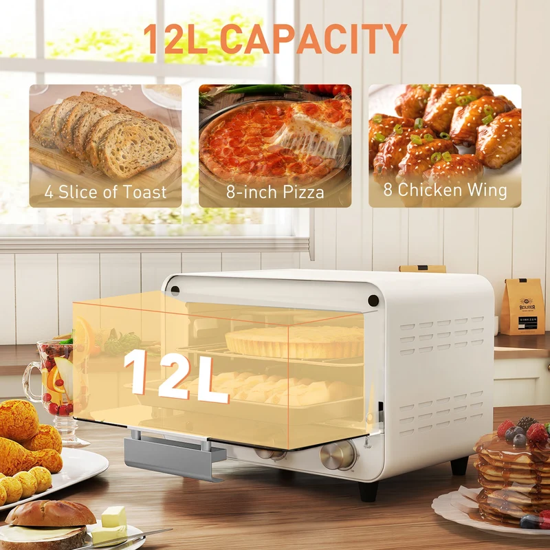 12L Mini Countertop Toaster Oven with Glass Door, Adjustable Temperature & Timer, 750W, Cream White