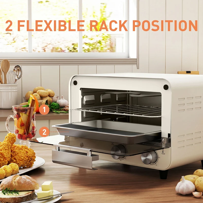 12L Mini Countertop Toaster Oven with Glass Door, Adjustable Temperature & Timer, 750W, Cream White