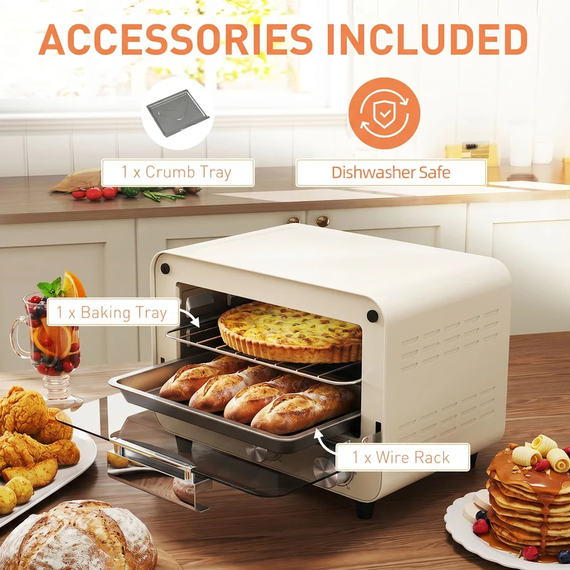 12L Mini Countertop Toaster Oven with Glass Door, Adjustable Temperature & Timer, 750W, Cream White