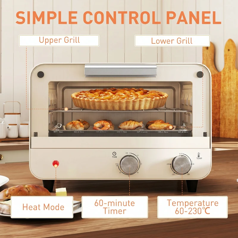 12L Mini Countertop Toaster Oven with Glass Door, Adjustable Temperature & Timer, 750W, Cream White