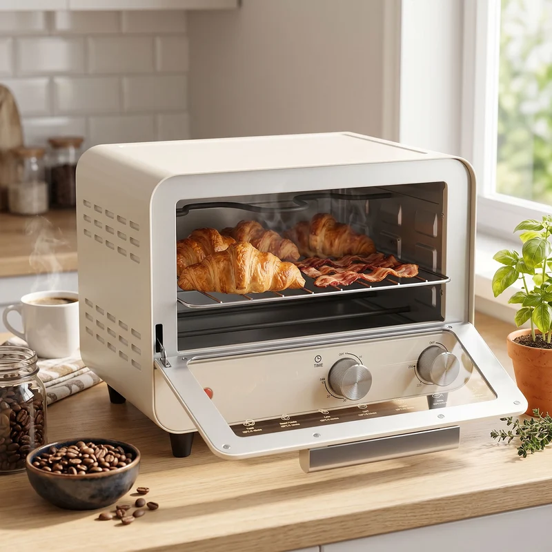 12L Mini Countertop Toaster Oven with Glass Door, Adjustable Temperature & Timer, 750W, Cream White