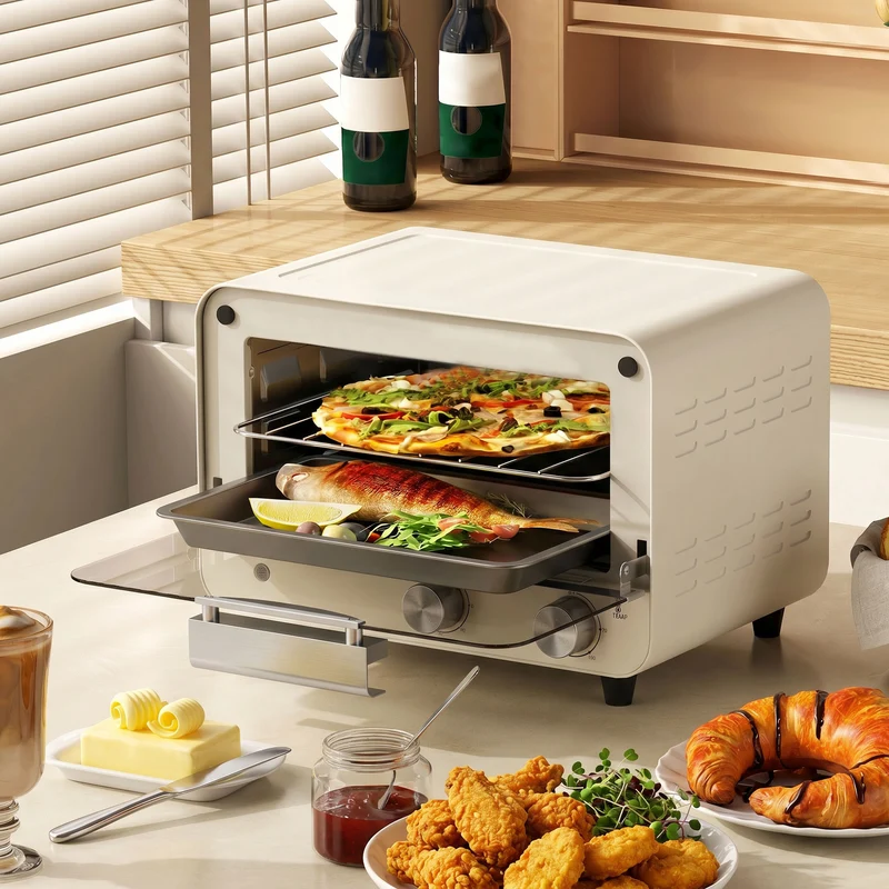 12L Mini Countertop Toaster Oven with Glass Door, Adjustable Temperature & Timer, 750W, Cream White