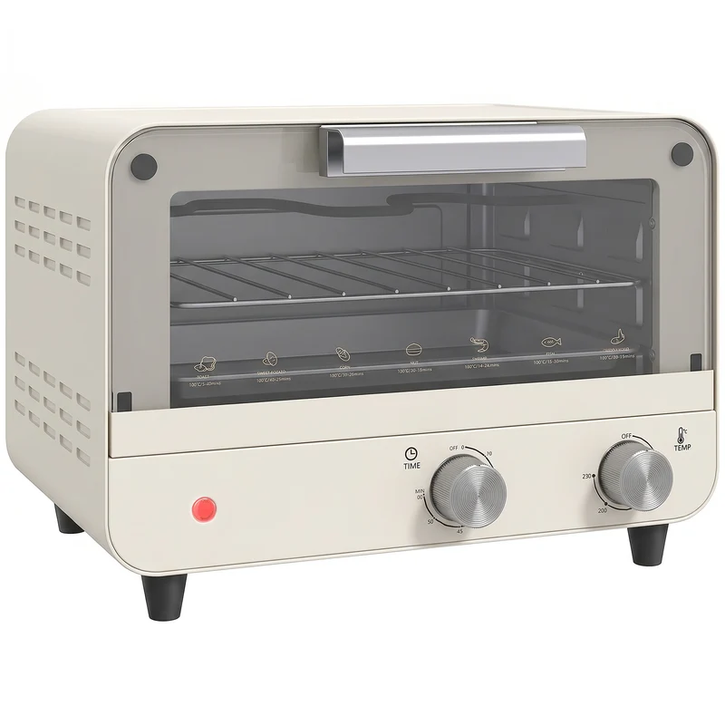12L Mini Countertop Toaster Oven with Glass Door, Adjustable Temperature & Timer, 750W, Cream White
