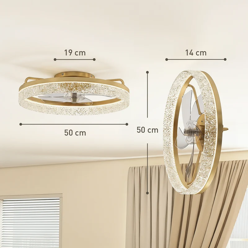 50 cm Modern LED Ceiling Fan with Lights, Remote & App Control, 3 Colour Temperatures, Dimmable & Quiet Reversible DC Motor, Gold