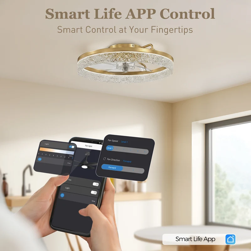 50 cm Modern LED Ceiling Fan with Lights, Remote & App Control, 3 Colour Temperatures, Dimmable & Quiet Reversible DC Motor, Gold