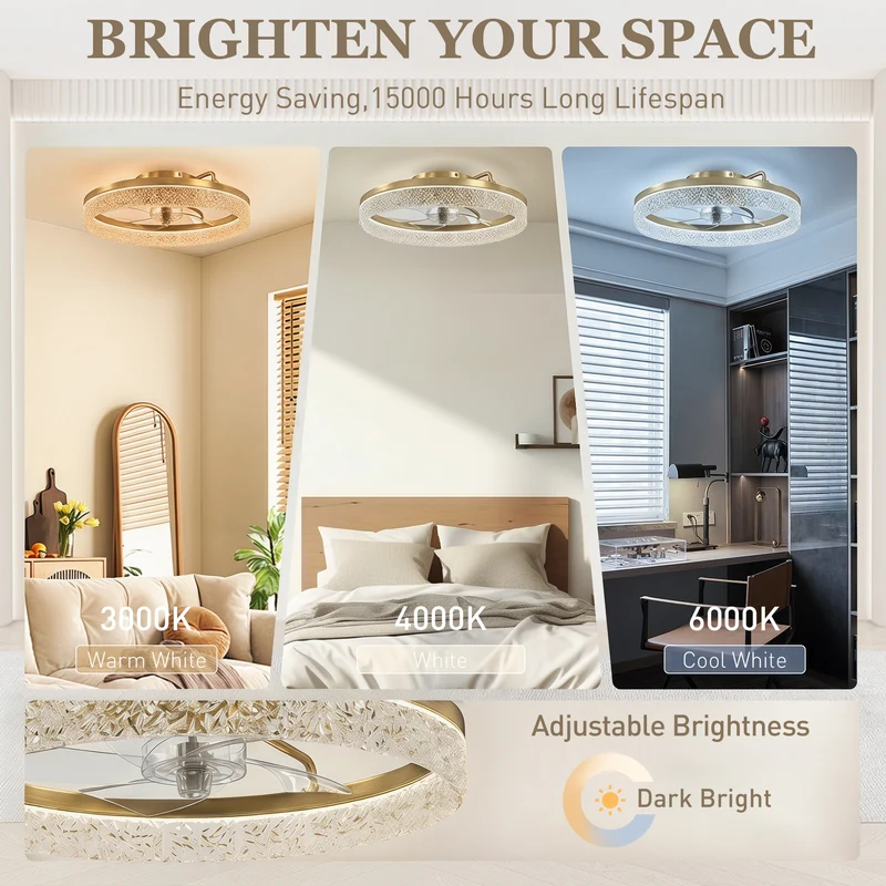 50 cm Modern LED Ceiling Fan with Lights, Remote & App Control, 3 Colour Temperatures, Dimmable & Quiet Reversible DC Motor, Gold