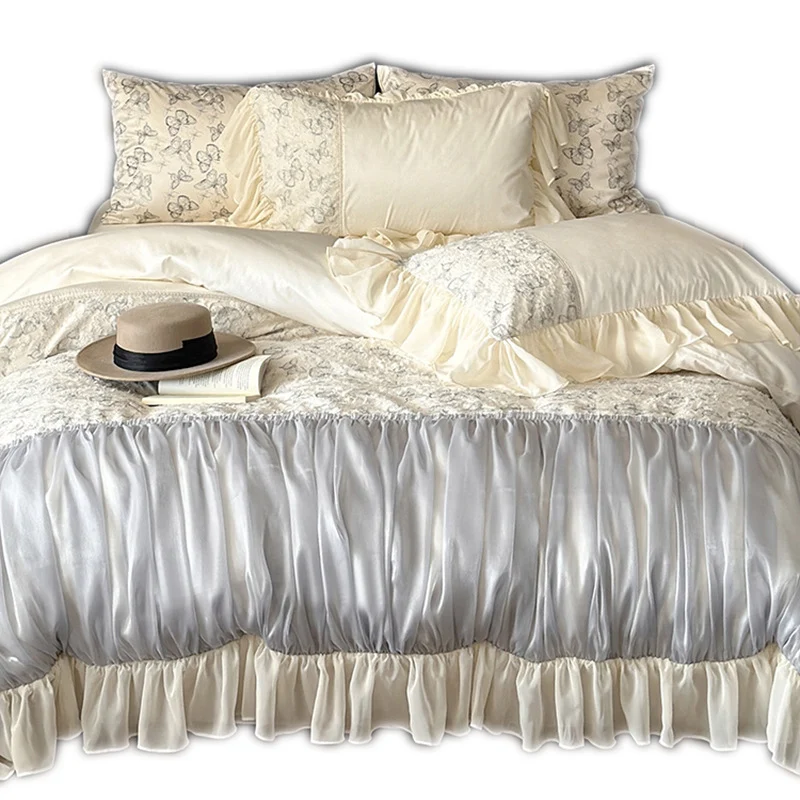 Luxus-Bettwäsche-Set mit gerafftem Satin-Dekor, floraler Jacquard-Bettdecke & Volant-Kissen