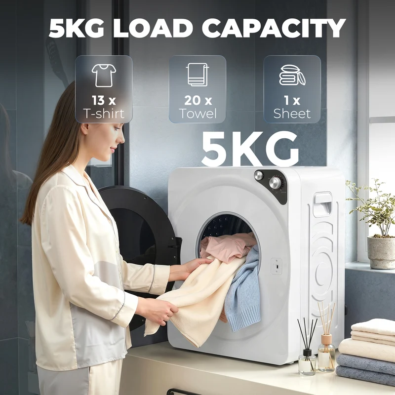 5kg Vented Tumble Dryer with Smart Drying & Stainless Steel Tub, Compact Freestanding Design, White