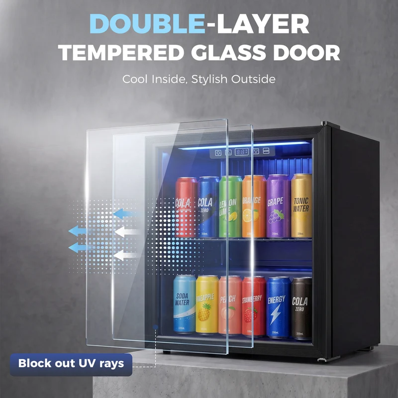 50L Undercounter Drinks Fridge with Double-Layer Glass Door, LED Light & Adjustable Shelf for Beer, Soda and Wine