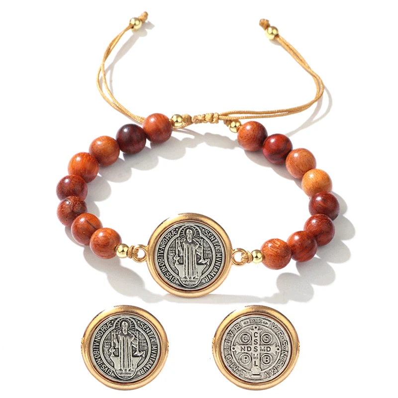 🛡️Ein treuer Begleiter für Schutzgeister✨Armband aus Naturholzperlen mit St.-Benedikt-Motiv🎁Verstellbar, für Damen und Herren geeignet