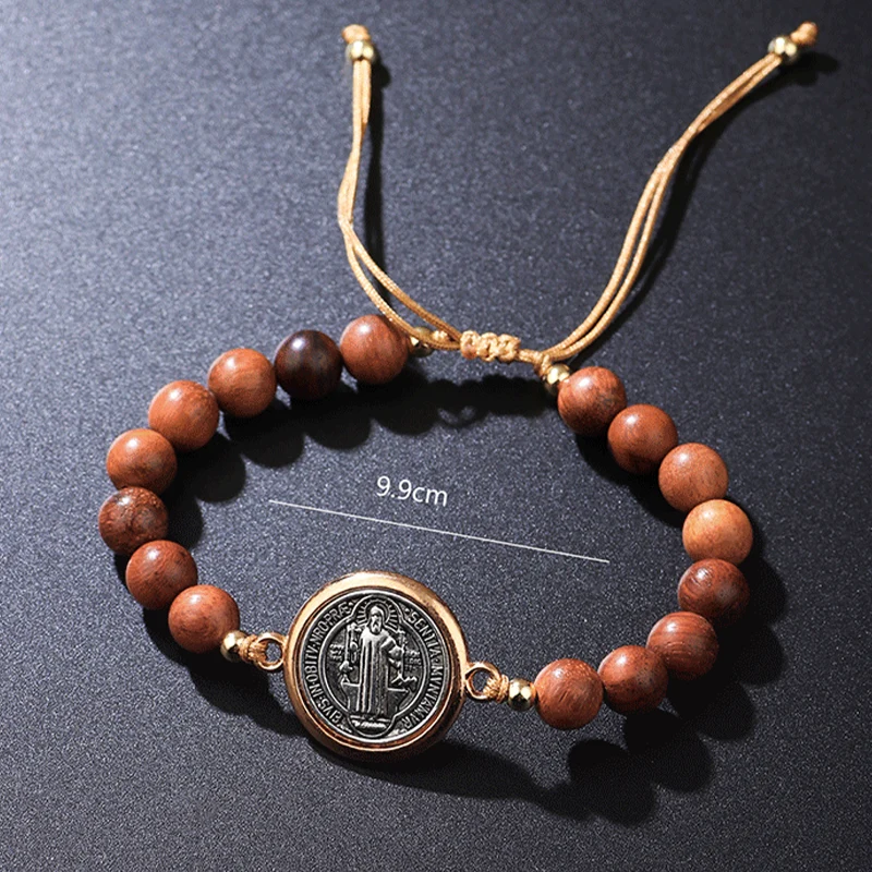 🛡️Ein treuer Begleiter für Schutzgeister✨Armband aus Naturholzperlen mit St.-Benedikt-Motiv🎁Verstellbar, für Damen und Herren geeignet