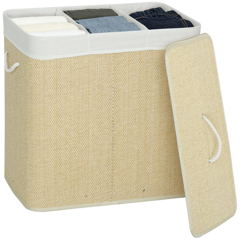 144L 3-Section Bamboo Laundry Basket with Lid, Removable Washable Liners & Handles, Cream White