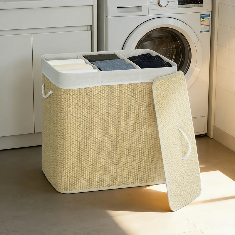 144L 3-Section Bamboo Laundry Basket with Lid, Removable Washable Liners & Handles, Cream White
